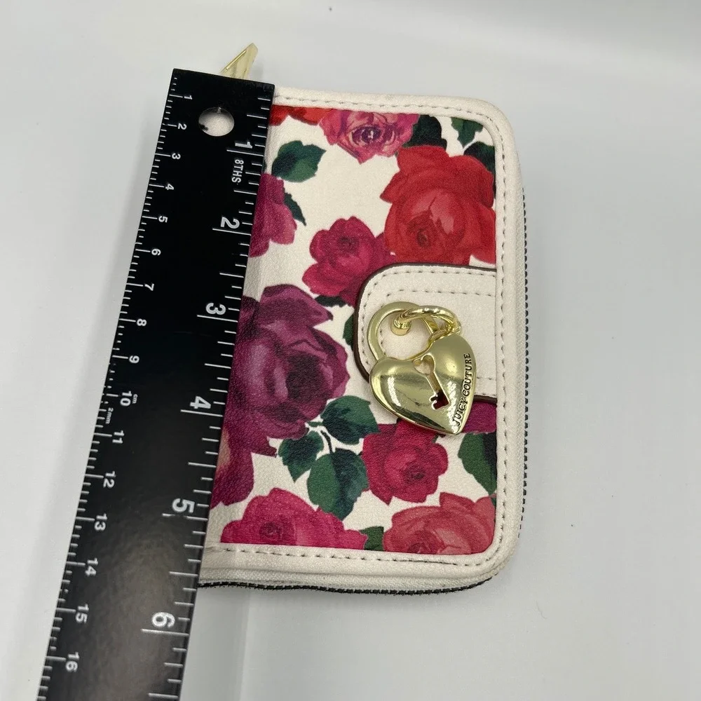 Juicy Couture Floral Rose‎ Bifold Wallet Cream Red Pink Gold Heart Lock Charm